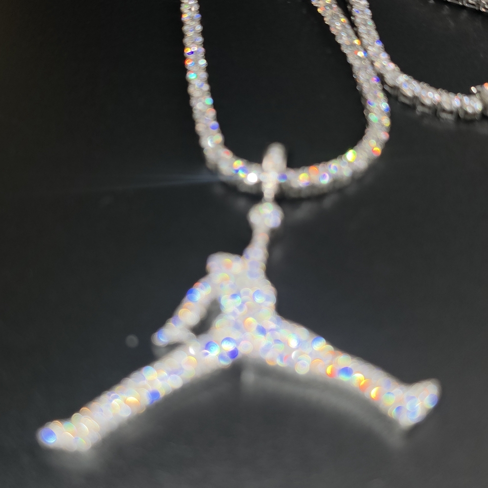 24' 3mm Moissanite Tennis Chain with Jordan Pendant , S925 Rhodium Plated. - Picture 5 of 5
